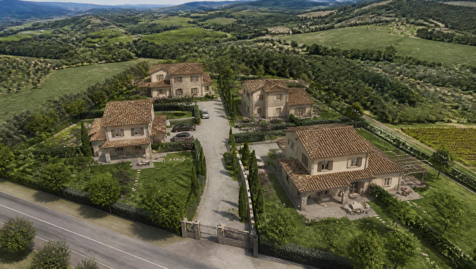 Rendering aereo dell'insieme delle quattro unità residenziali