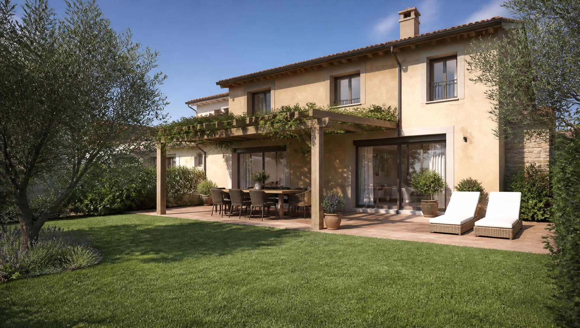 Rendering del giardino privato con pergola e terrazza