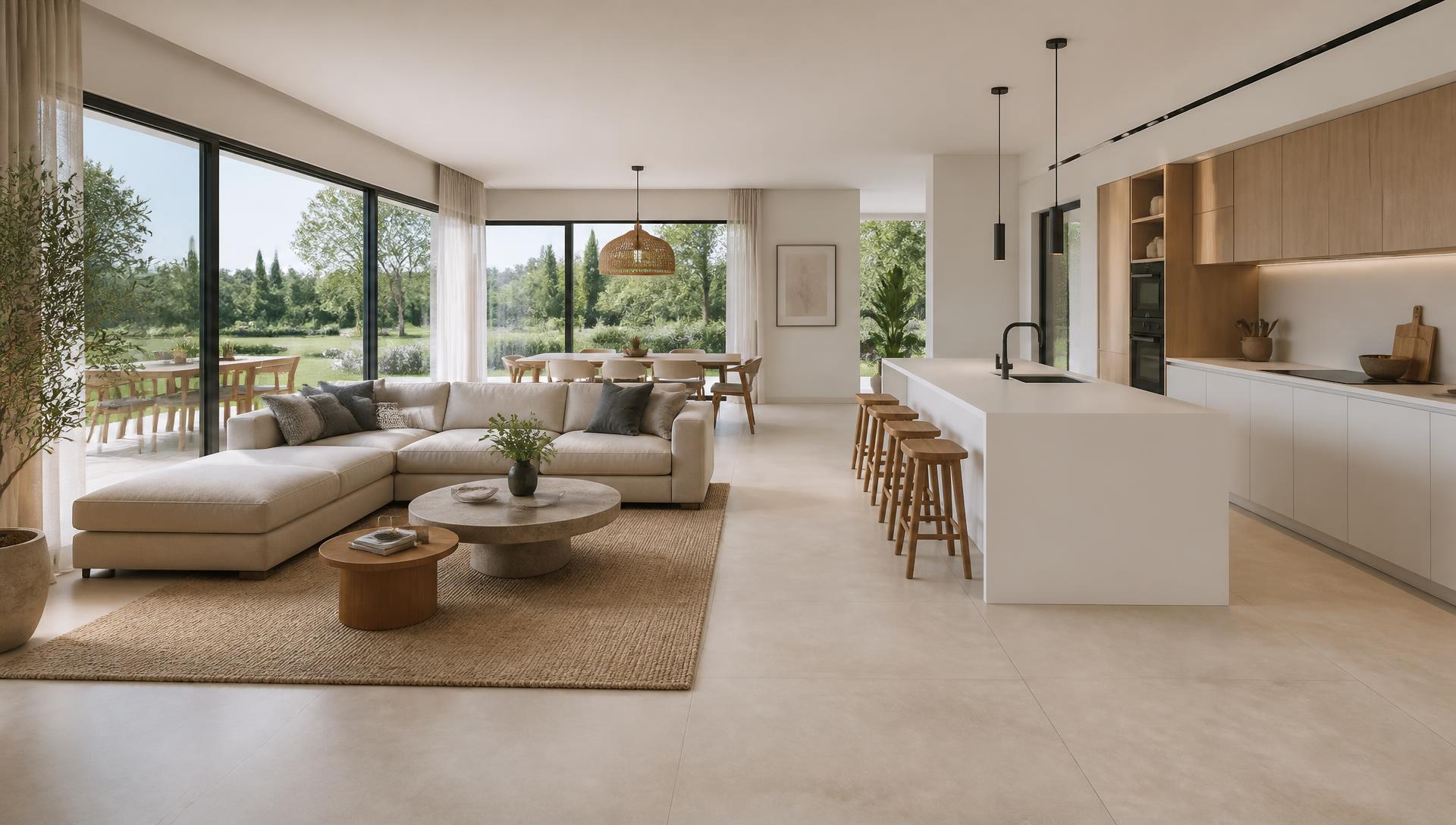 Rendering del soggiorno con cucina a vista